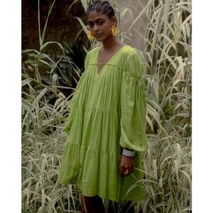 Jodi | Made in India Green Cottage Core Zinnia Tiered Babydoll Dress ~ Medium